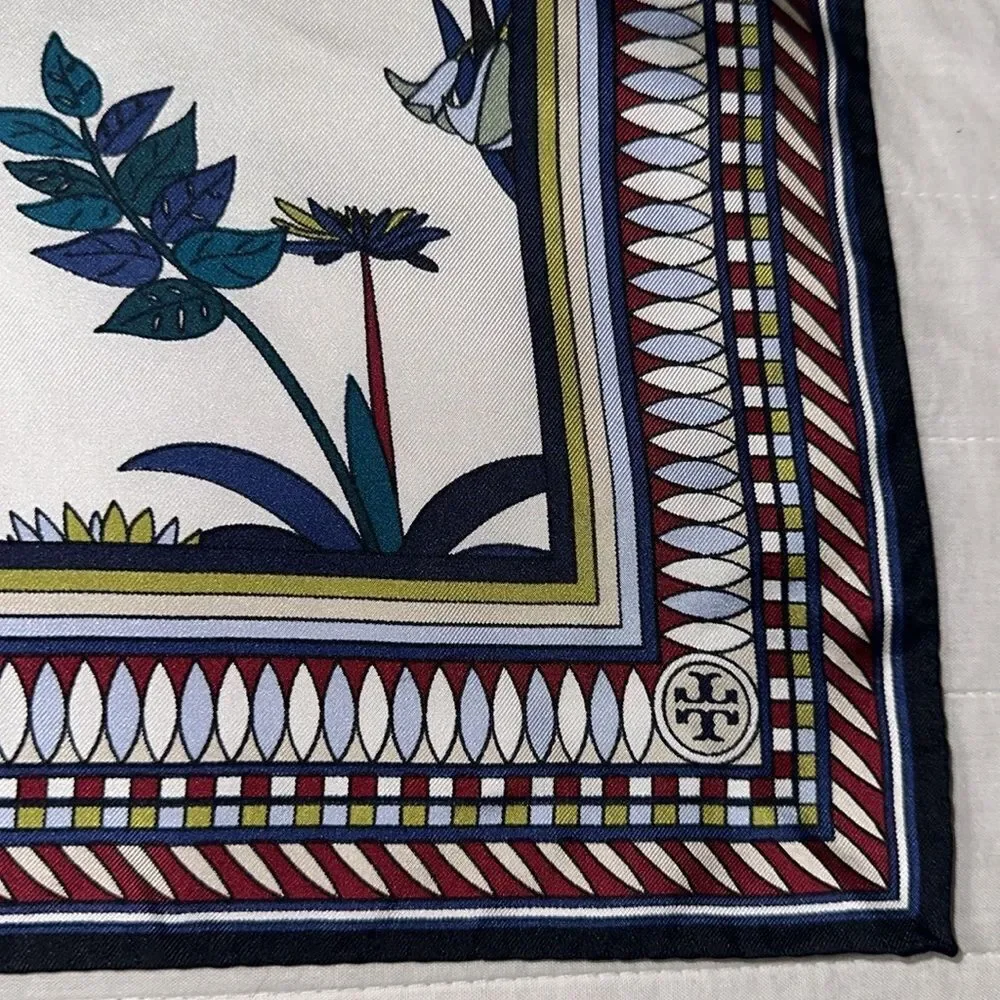 Tory Burch White Navy Green Teal Rust Burgundy Blue Floral Square Scarf
